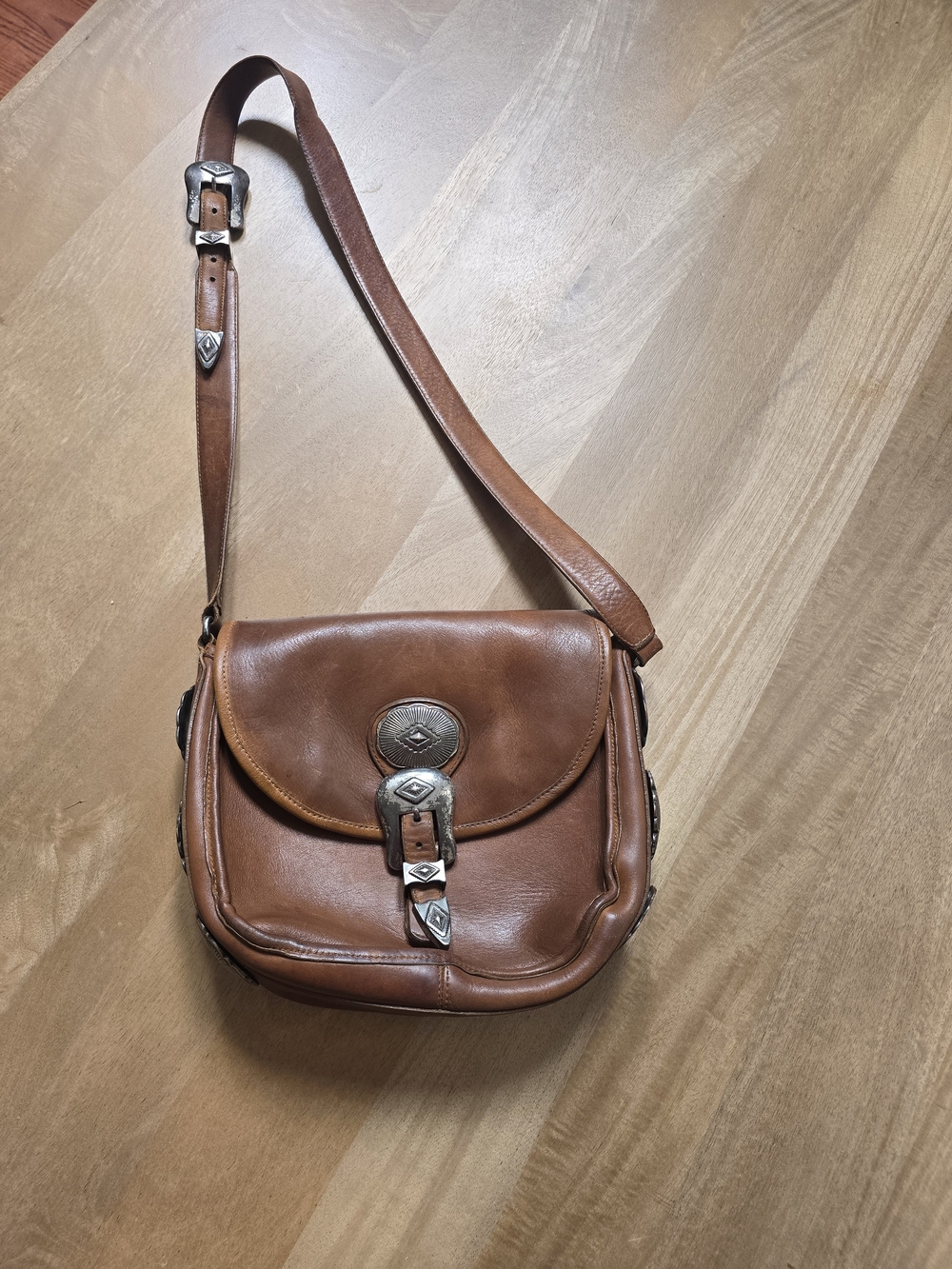 Vintage 1992 Brighton Leather Western Concho Crossbody Saddle Bag - Refurbished